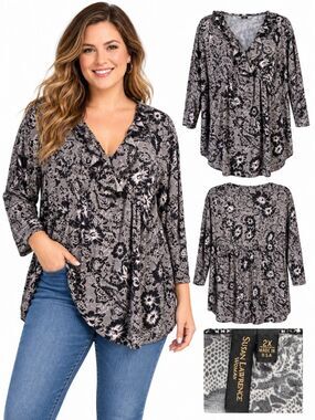 Susan Lawrence Woman 2X Black White Floral Print Tunic Top